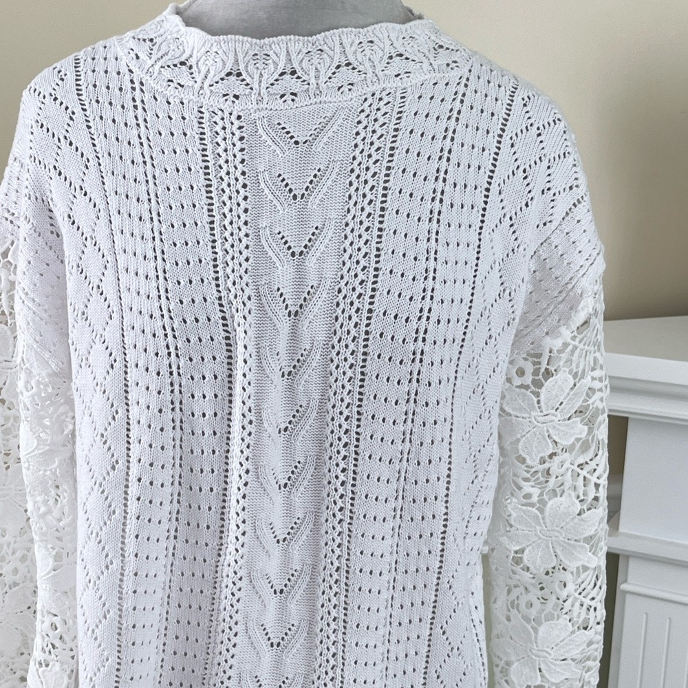 AMAZON White Crochet & Embroidery Knit Ruffled Cuff Lightweight Sweater S NWOT - Picture 5 of 9